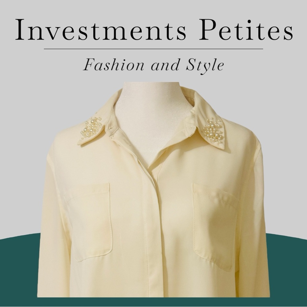 NEW INVESTMENTS PETITES Cream Long Sleeve Satin Button Blouse Sz Petite Medium